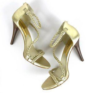 Michael Kors Gold Leather Braid Heel Sandals